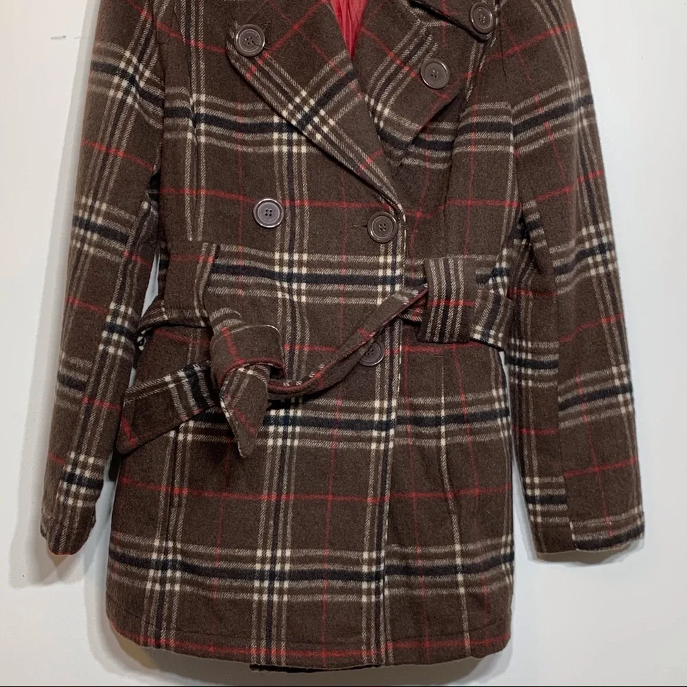 Brown Plaid Wool Blend Double Breasted Peacoat Winter Trench Coat Small